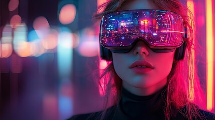 Woman Wearing Stylish VR Glasses Immersed in Futuristic Neon Cityscape Cycling Experience at High Tech Gym
