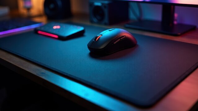 A sleek black mouse sits on a large black mouse pad mockup on a wooden desk, with a keyboard and speakers in the background.