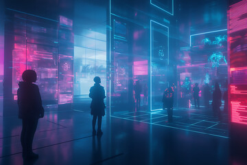A futuristic scene with virtual reality, AI, smart devices, and holographic interfaces, creating an atmosphere of digital transformation.