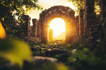 Fototapeta premium Sunlight spills through ancient ruins, illuminating a tranquil path lined with greenery at dusk