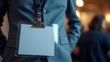 A person in a suit wearing a blank name badge mockup on a lanyard, suitable for business events or conferences.