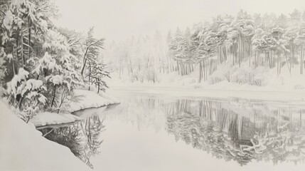 Snowy lake reflection, winter forest, calm scene, nature background, postcard