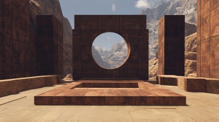 Monolithic structures frame a mountain vista ancient stonework contrasted against a backdrop of rugged peaks and a serene sky