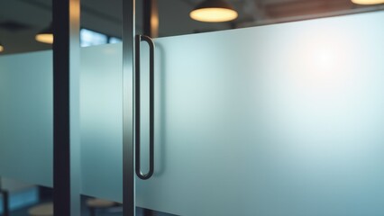 Office branding mockup featuring a frosted glass door with a metal handle in a modern office setting.