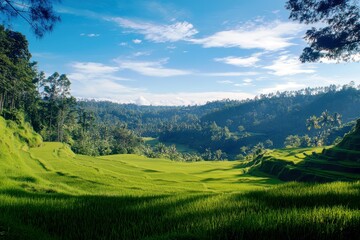 Obraz premium Breathtaking Landscape of Lush Green Rice Fields Under Bright Blue Sky in Serene Indonesian Countryside, Capturing Nature's Tranquility and Beauty