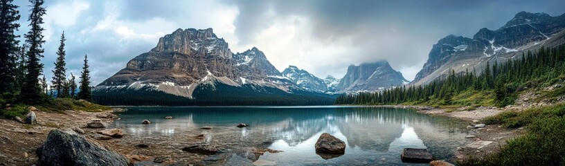 Naklejka premium Serene Mountain Landscape with Calm Lake Reflecting Majestic Peaks and Lush Forest Under Dramatic Cloudy Sky