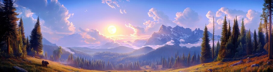Majestic Sunrise Over Serene Mountain Landscape with Lush Green Meadows and Vibrant Blue Sky