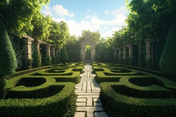 Lush garden paths lead to an ornate gate in a tranquil, sunlit landscape filled with greenery and intricate hedges