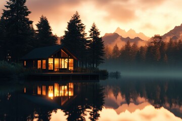 Fototapeta premium Majestic sunset over a tranquil lake reflecting a cozy cabin surrounded by towering trees and mountains