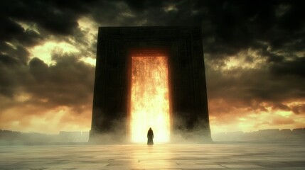 Mysterious figure stands before a colossal luminous gateway under a dramatic sky hinting at transition and the unknown