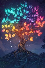 Glowing rainbow tree, night scene, fantasy art, mystical background, digital illustration