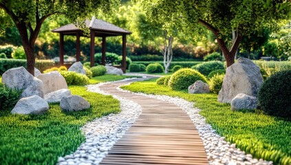 Naklejka premium Serene Garden Pathway with Lush Greenery, Tranquil Trees, and Natural Stone Accents Perfect for Relaxation and Nature Walks in Outdoor Spaces