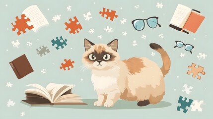 Cute Kitten Surrounded by Books Puzzles and Cozy Winter Decor