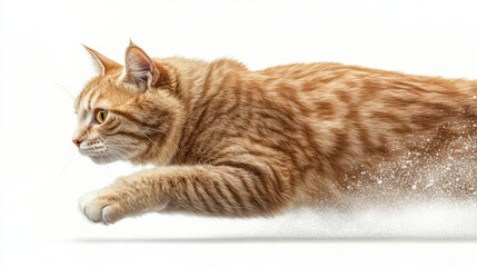 Fototapeta premium Energetic orange cat sprinting across a white background