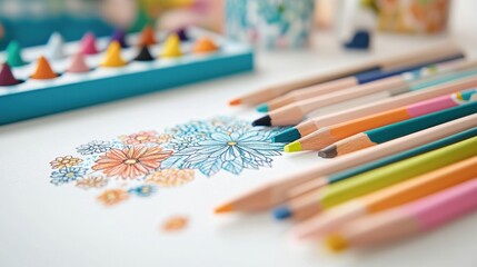 Colorful pencils and crayons arranged beside a floral coloring page