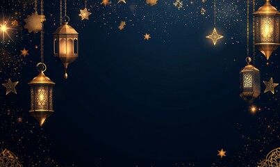 Golden lanterns and stars on dark blue background. (2)