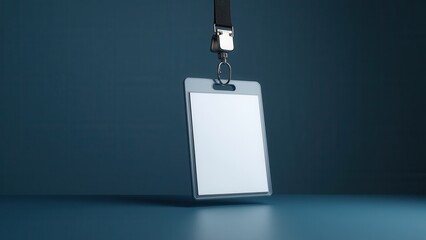 Security badge mockup with a blank white card, barcode, and QR code, attached to a black lanyard against a blue background.