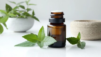 Amber bottle with natural herbs and fresh mint leaves on white surface