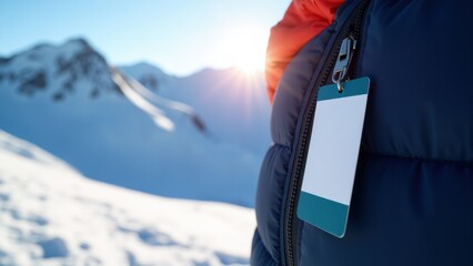 Ski pass mockup attached to a jacket with a snowy mountain background.