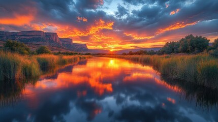 Fiery sunset reflecting on calm river, canyon background