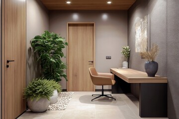 Modern Minimalist Interior Design with Natural Greenery and Stylish Furniture in a Contemporary Entryway Space