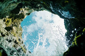 Captivating View from Inside a Cave with Water Splashing and Bright Sky Above, Highlighting Natural Beauty and Mysterious Environment
