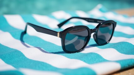 Black sunglasses mockup on a turquoise and white striped towel by a pool.