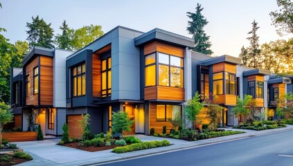 Fototapeta premium Modern Urban Housing with Large Windows and Bright Facades Surrounded by Lush Greenery at Sunset in a Residential Neighborhood