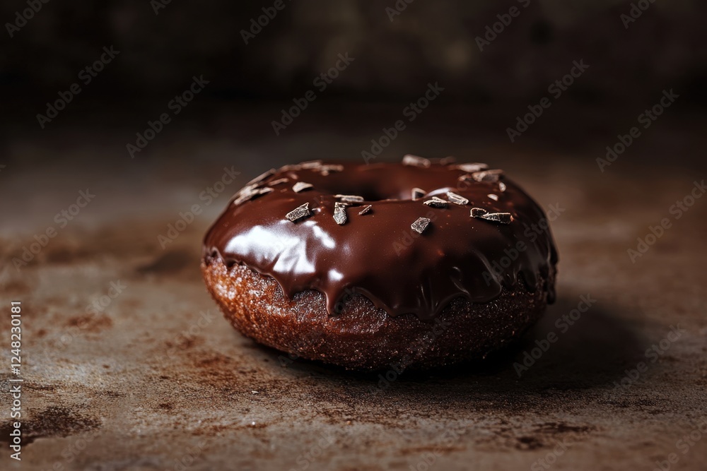 Wall mural Chocolate frosted donut decorated with chocolate chips on dark backdrop