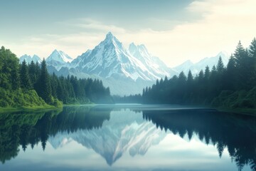 Majestic mountain landscape reflecting in calm waters at dawn near a serene forest