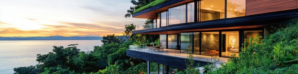 Modern architecture villa located on cliffs overlooking serene ocean with sunset background, surrounded by lush greenery and trees for relaxation and tranquility