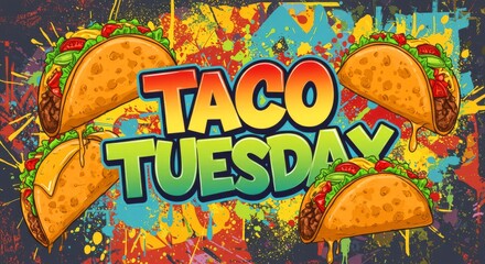 Fototapeta premium Colorful Taco Tuesday illustration with vibrant graffiti-style background