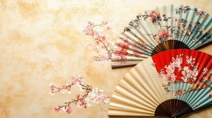 Elegant Decorative Fans with Floral Design Against Gold Background