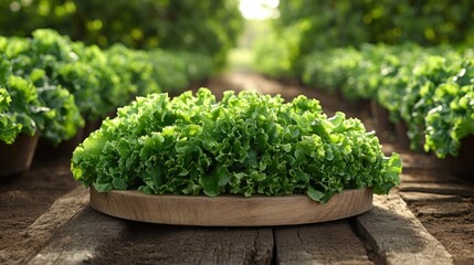 Fresh lettuce harvest, farm, sunlight, wooden board, rows