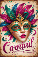 A traditional Dominican Republic carnival mask with vibrant colors and intricate designs.. Vibrant vintage illustration, hand-painted textures, highly detailed, rich color palette, glowing highlights.
