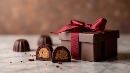 A truffle box mockup featuring a brown gift box with a red ribbon and chocolate truffles on a marble surface.