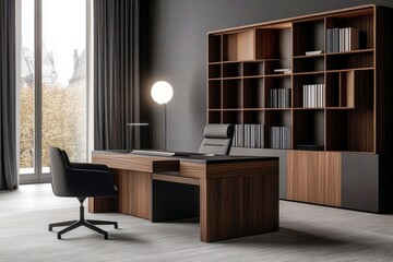 Modern office workspace with elegant furniture, large windows, minimalistic design, stylish decor, and warm natural light illuminating the interior space