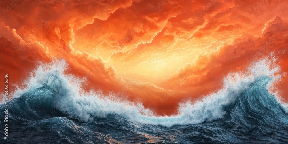 Poster a dramatic seascape featuring turbulent waves beneath a fiery orange and red sky, creating a strikin