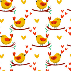 A Charming Bird Pattern Decorated with Hearts and Branches in a Joyful Design Style