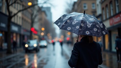 Obraz premium A person holding an umbrella mockup with a floral and bird pattern on a rainy city street.