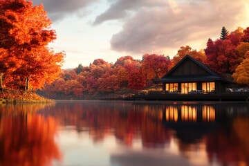 Fototapeta premium Enchanting autumn reflection by the serene lake at sunset with vibrant foliage and cozy cabin