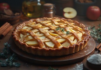 Freshly Baked Apple Pie with Lattice Crust Surrounded by Spices and Ingredients on Rustic Wooden Table