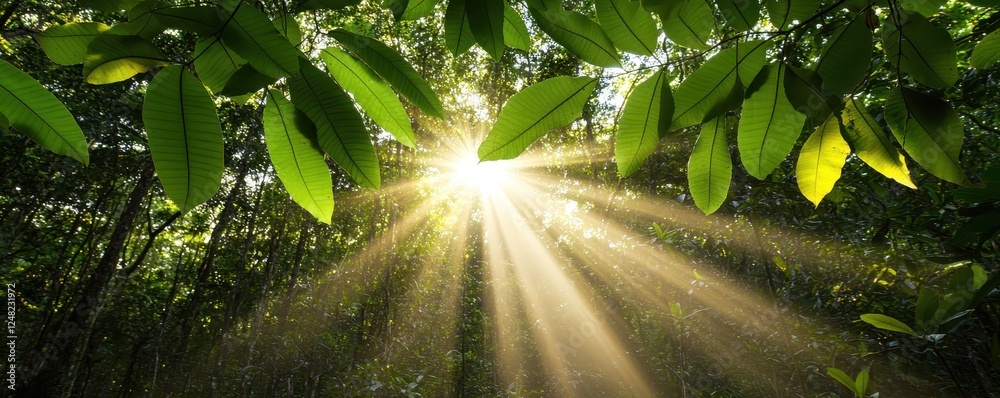 Poster sunlight filters through lush green leaves, illuminating a tranquil forest scene with rays of light 