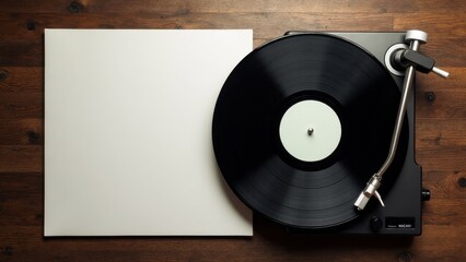 Vinyl mockup featuring a black record on a turntable with a blank white cover on a wooden surface.