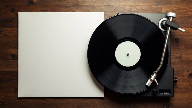 Vinyl mockup featuring a black record on a turntable with a blank white cover on a wooden surface.