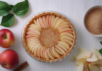 Freshly Baked Apple Pie with Sliced Apples and Garnish on White Wooden Table with Apples, Sugar, and Cinnamon Sticks for Autumn Dessert Delight