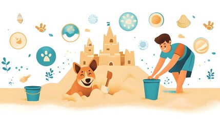 Boy and Dog Building Sandcastle on Sunny Beach During Summer Vacation