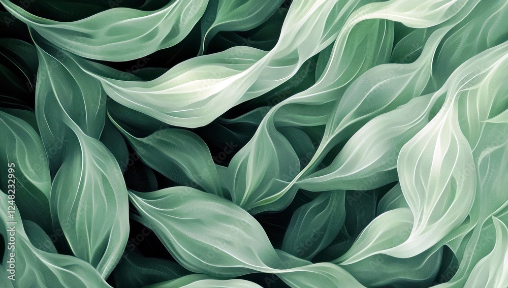 Poster abstract composition of flowing green leaves creating a serene and harmonious background design with
