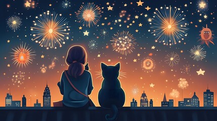 Loving Couple Admiring Festive Fireworks Display in Starry City Skyline