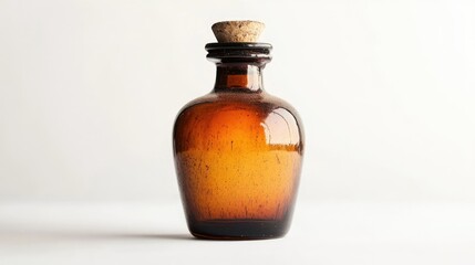 Vintage Amber Glass Bottle with Cork Stopper on White Background
